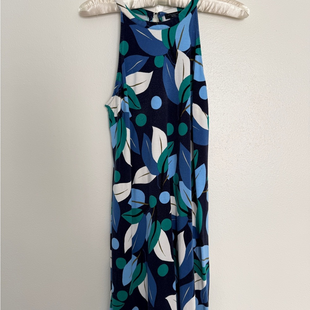 Ann Taylor Blue and Green Leaf Print Midi Dress
